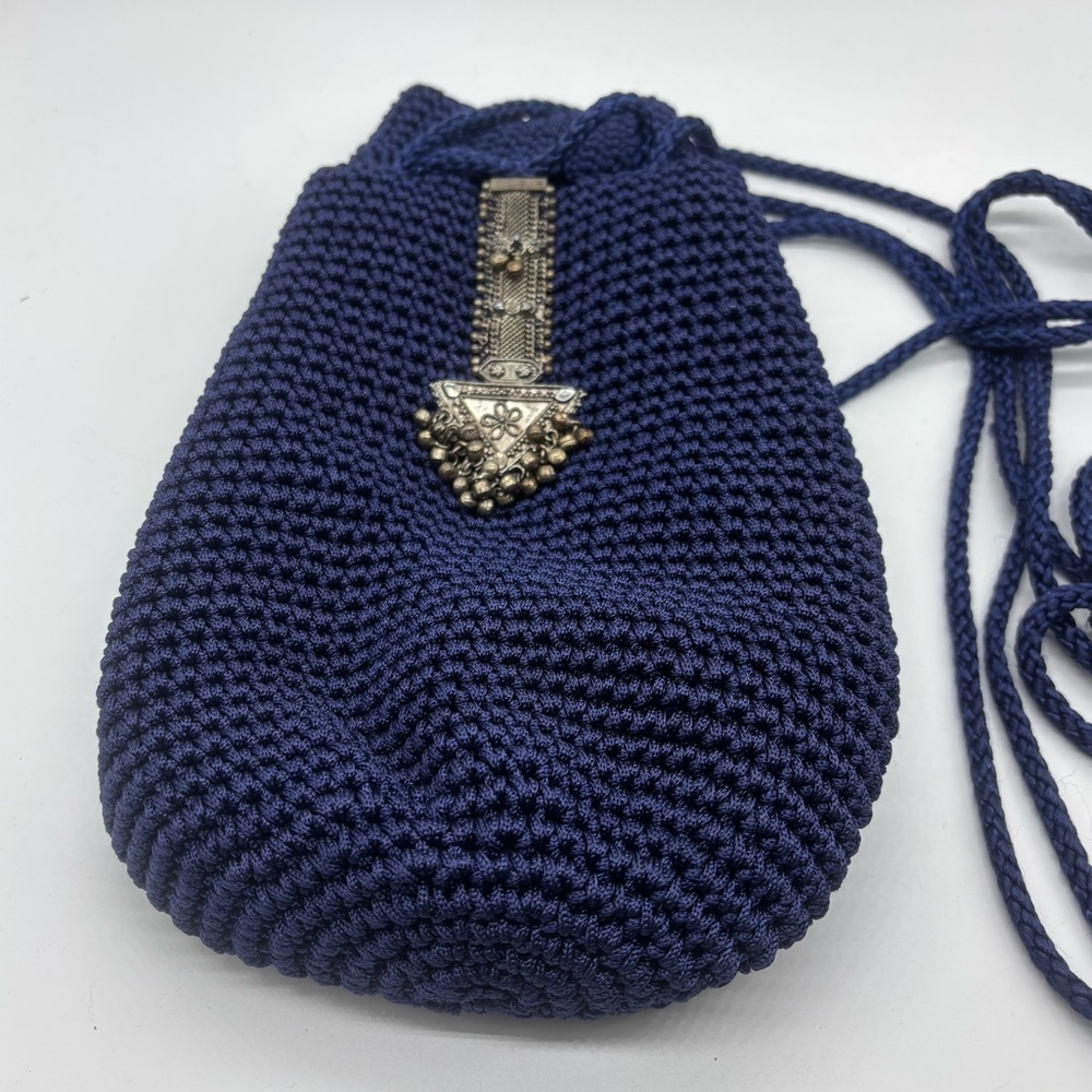Varsha Patel Crochet Drawstring Crossbody Bag Braided Straps Navy Blue Silver